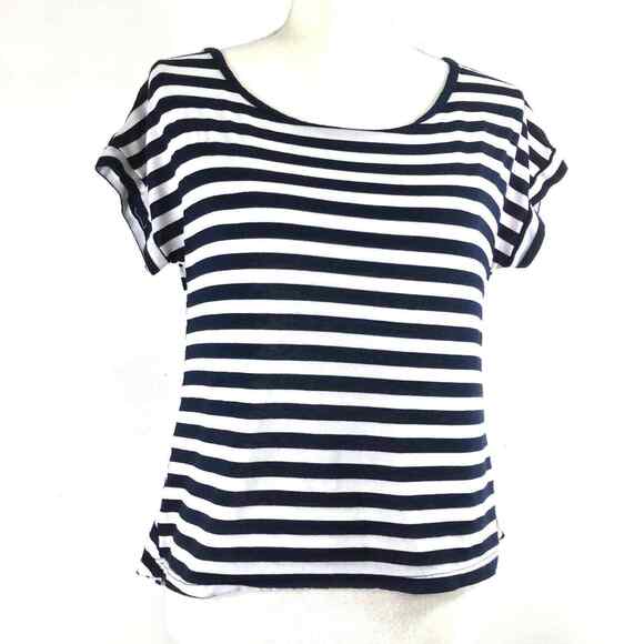 Womens Small Nautical Stripe Top Blue White Blouse Tie‎ Sheer Red Back - Picture 2 of 7